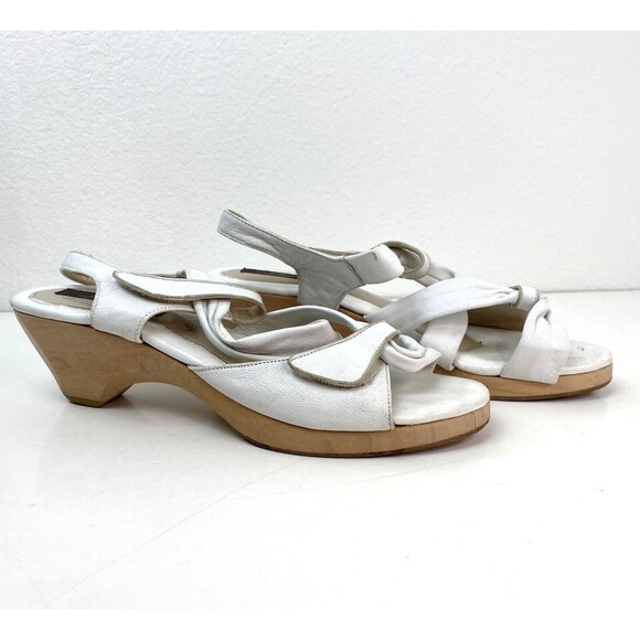 White Leather Chocolat Wood Soles Sandals Size 8 Hook n Loop Straps Boho Y2K - Picture 9 of 11